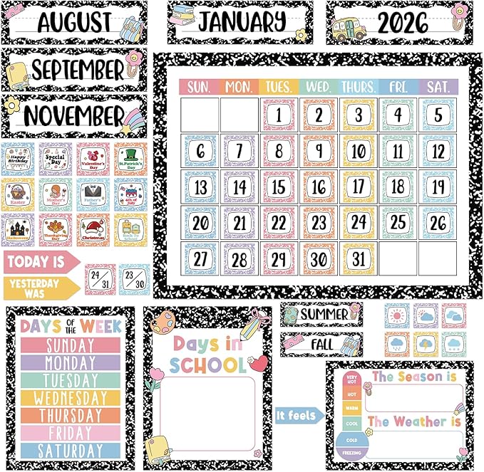 Whaline Composition Notebook Calender Bulletin Board Decorations Composition Classroom Calender Set with Chart Cutouts for Back to School Party Supplies