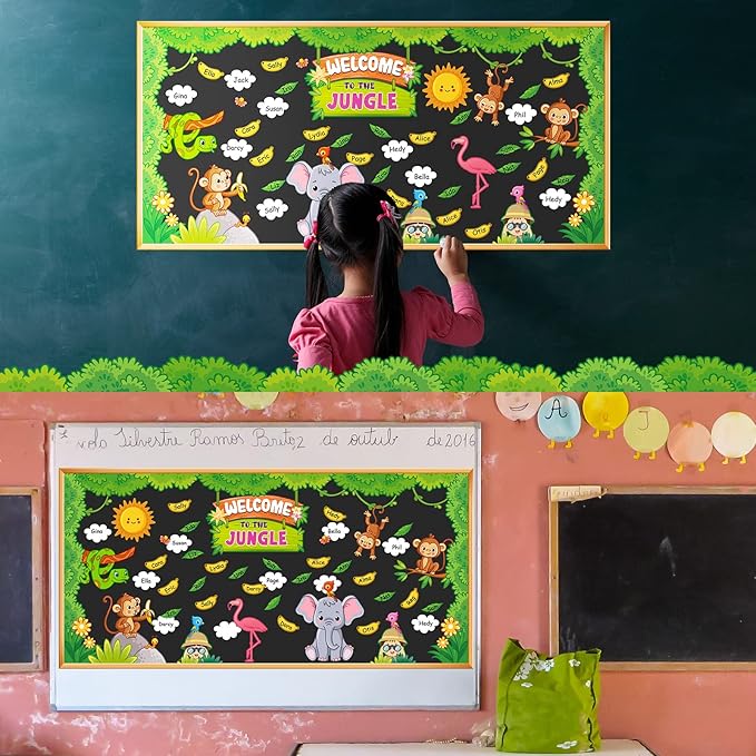 103 Pcs Jungle Bulletin Board Set Welcome to the Jungle Animal Bulletin Board Decorations Monkey Elephant Forest Cutouts Educational Classroom Wall Decorations