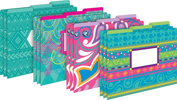 Barker Creek Designer File Folder and Library Pocket Set, Bohemian, 12 File Folders Printed on 14pt Stock and 30 Coordinating Peel & Stick Library Pockets, Home, School and Office Supplies (4410)