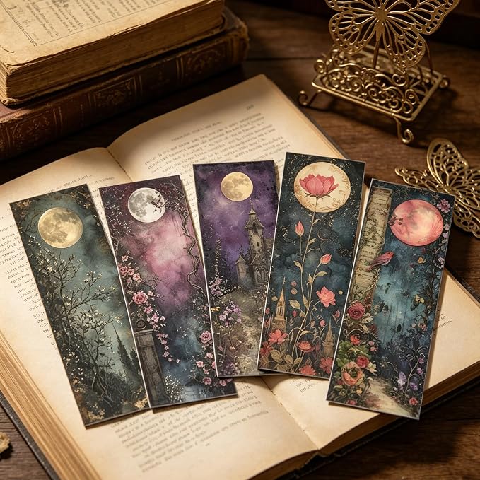 Moonlit Night Garden Bookmarks Gifts - Cosmisun 120 Pcs Fantasy Floral Bookmark Paper Vintage Flower Castle Book Marks Page Marker Clip Favors for Women Men Office Home Book Lovers Reading Supplies