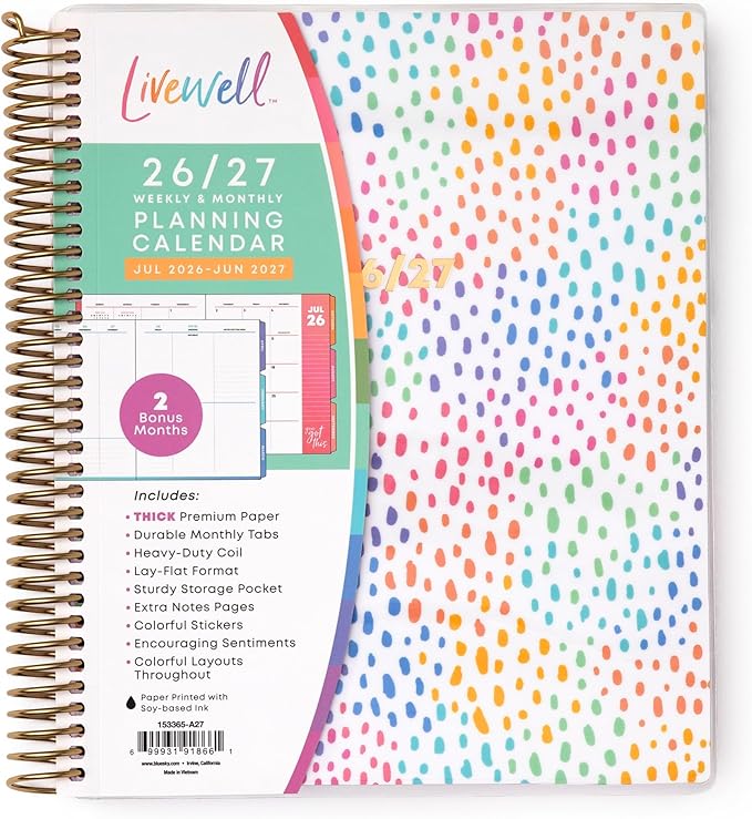 Blue Sky Livewell 2026-2027 Weekly and Monthly Academic Year Planner Calendar, July 2026 - June 2027, 7" x 9", Flexible Cover, Wirebound, Colorful Interior, Laminated Tabs, Storage Pocket, Includes Stickers, Rainbow