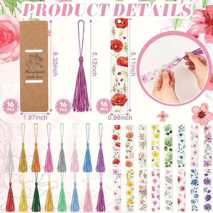 16 Set Flower Acrylic Bookmark Gifts for Women Clear Floral Bookmarks with Colored Tassels and Paper Sleeves Flower Page Marker Tassels Packaging for Teacher Writer Reader