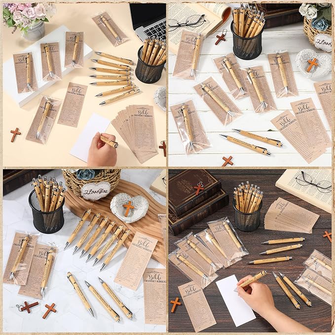 Feifeiya 50 Sets Church Gifts for Fathers Day Bulk Christian Bookmarks 2'' x 6'' Emergency Numbers Scripture Bookmarks and Bible Verse Pens Bulk Religious Gifts for Church Member Clergy