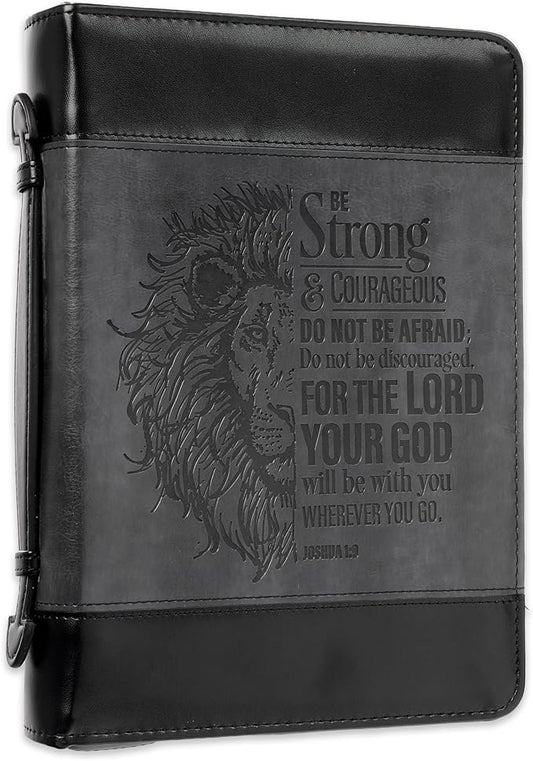 Christian Art Gifts Classic Faux Leather Bible Cover for Men and Women: Be Strong and Courageous - Joshua 1:9 Inspirational Bible Verse with Lion, Gray and Black, XL