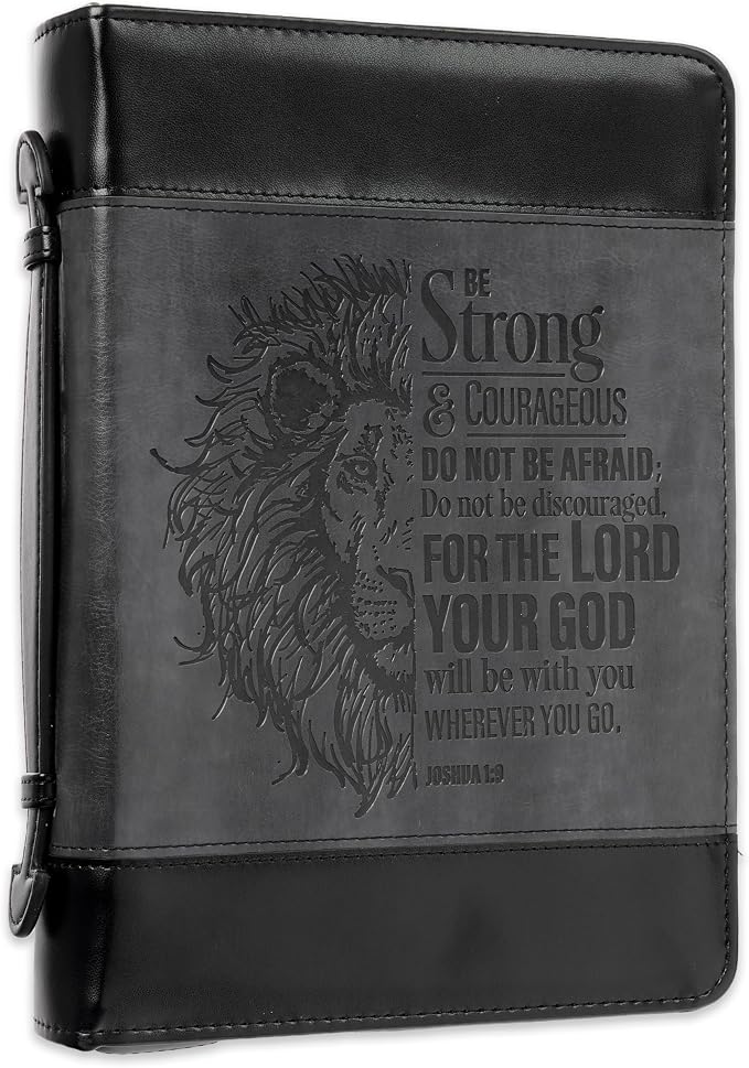 Christian Art Gifts Classic Faux Leather Bible Cover for Men and Women: Be Strong and Courageous - Joshua 1:9 Inspirational Bible Verse with Lion, Gray and Black, Large