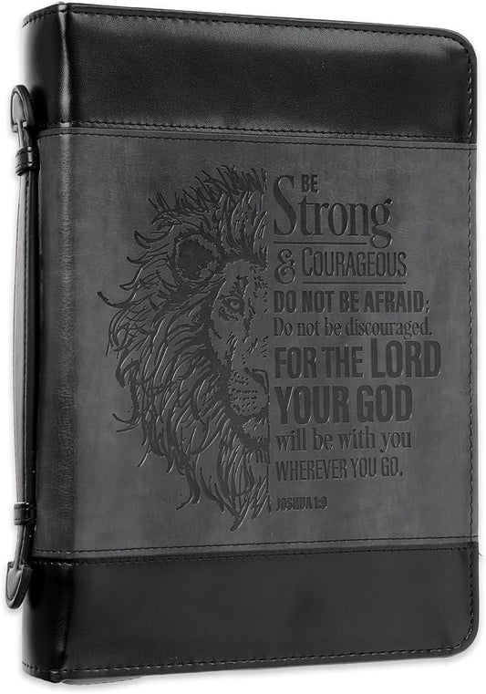 Christian Art Gifts Classic Faux Leather Bible Cover for Men and Women: Be Strong and Courageous - Joshua 1:9 Inspirational Bible Verse with Lion, Gray and Black, Large