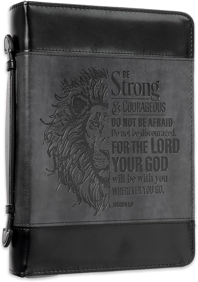 Christian Art Gifts Classic Faux Leather Bible Cover for Men and Women: Be Strong and Courageous - Joshua 1:9 Inspirational Bible Verse with Lion, Gray and Black, Medium