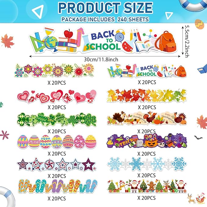 240 Pcs 236ft Holiday Bulletin Board Borders Colorful Rainbow Scalloped Border Trim Bulk Bulletin Decor for Classroom Back to School Decor(Assorted)