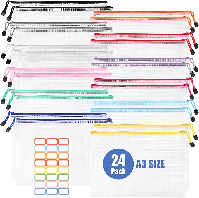Thboxes 24 Pack Mesh Zipper Pouch Bags, A3 17x12 Inches Large Mesh Bag with Sticky Labels - 12 Colors Waterproof Zipper Bags for Classroom, Board Game, Puzzle, Office Files, Travel and Home Storage