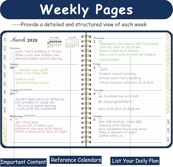 Daily Planner 2025-2026, Monthly and Weekly Calendar Planner with Tabs, July 2025 - Jun 2026, Inner Pocket, 6.2" x 8.5" A5 Size, Perfect for Office Home School Supplies, Spiral Bound, Navy ﻿ ﻿