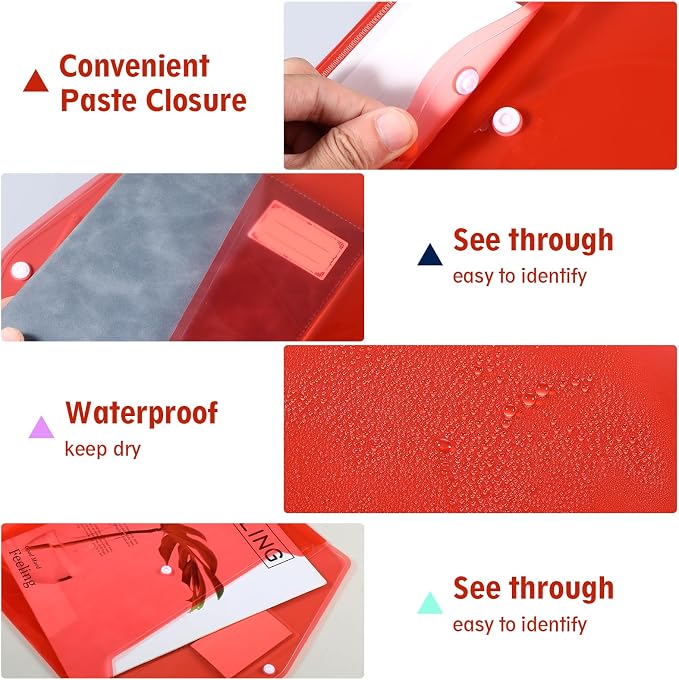 30 Pcs A4 Plastic Envelopes with Snap Closure, Red Plastic Envelopes A4 Size Poly File Folders, Plastic File Organizer with Label Pocket & Snap Button for School Home Organization (12.8 x 9.3 Inches)
