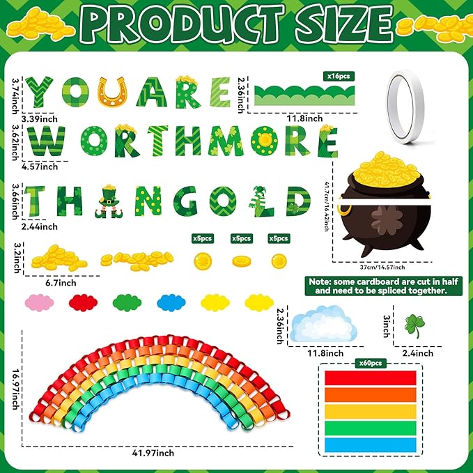 St.Patrick's Day Bulletin Board Decoration Set 3D Rainbow Shamrock Gold Coin Cutouts You are Worth More Than Gold Classroom Bulletin Board for School Chalkboard Wall Decor St. Patrick Party Supplies