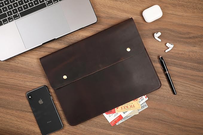 Leather Tablet Sleeve - 12.9 Inch iPad Sleeve, Document Holder Folio File Holder, Genuine Leather Case for Protection and Style-Dark Brown-Custom