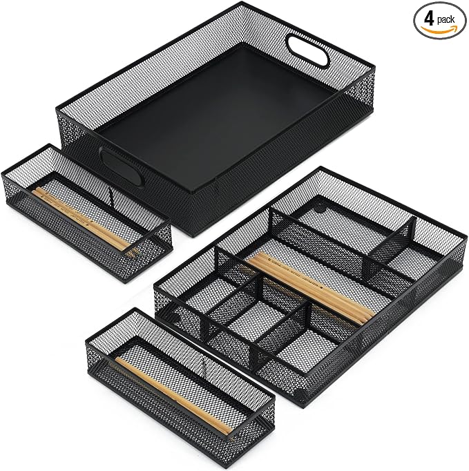 Neudeco Desk Drawer Organizer, 4 Pack Metal Mesh, Black | Adjustable Dividers, Stackable, Pen Organizer, Office Supplies Organizer