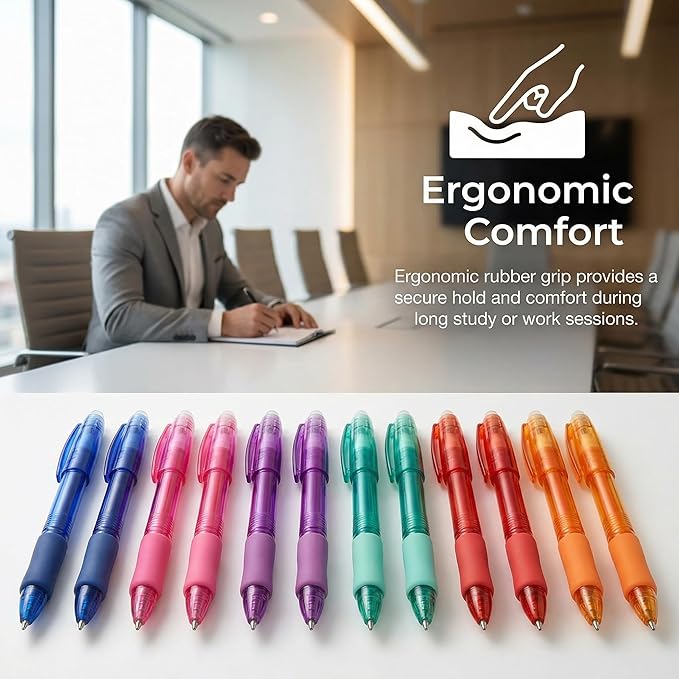Volcanics Erasable Gel Pens with Caps, Colored Gel Ink Pens 0.7mm Medium Point Fine Tip, 6 Assorted Vibrant Colors for Note Taking, Planner, and Office Supplies, 36 Pack
