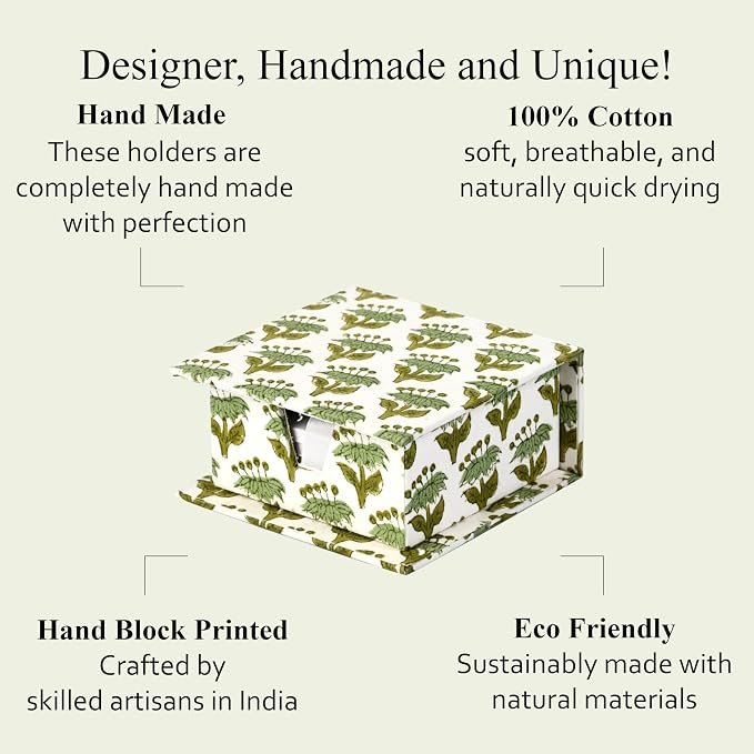 CPC Emerald Green Block Print Cotton Desk Organizer Sticky Note Holder, 4'' X 4'' X 2'' Cute, Aesthetic, Decor Accessories, Workspace Organizers, Caddy Storage, Gift for Office, Professionals, Student