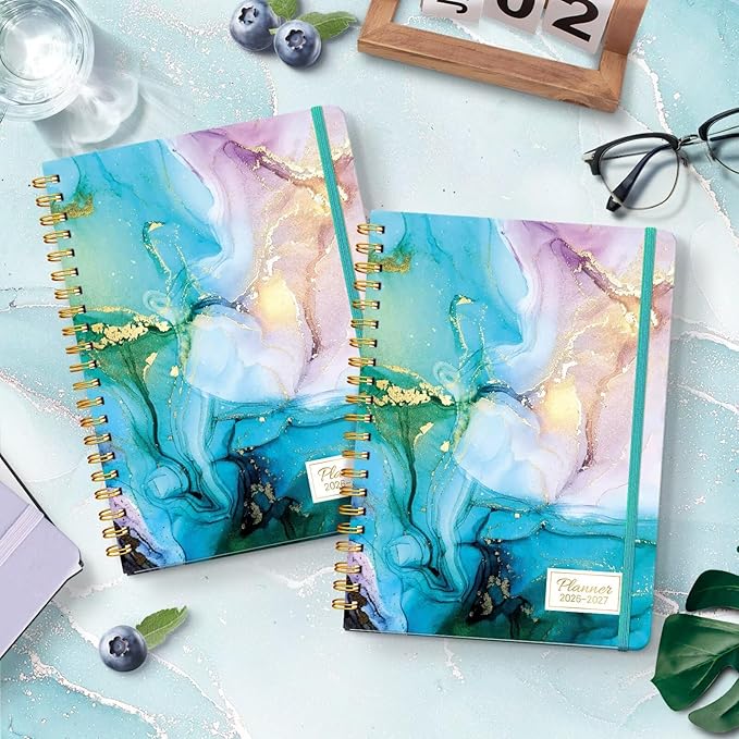Lonely Oak Academic Planner 2026-2027, Daily Weekly and Monthly Agenda Planner 6.18" x 8.5" with Tabs, 12 Months Spiral School Year A5 Calendar from Jul.2026 to Jun.2027 for Student and Teacher (Cyan Marble)