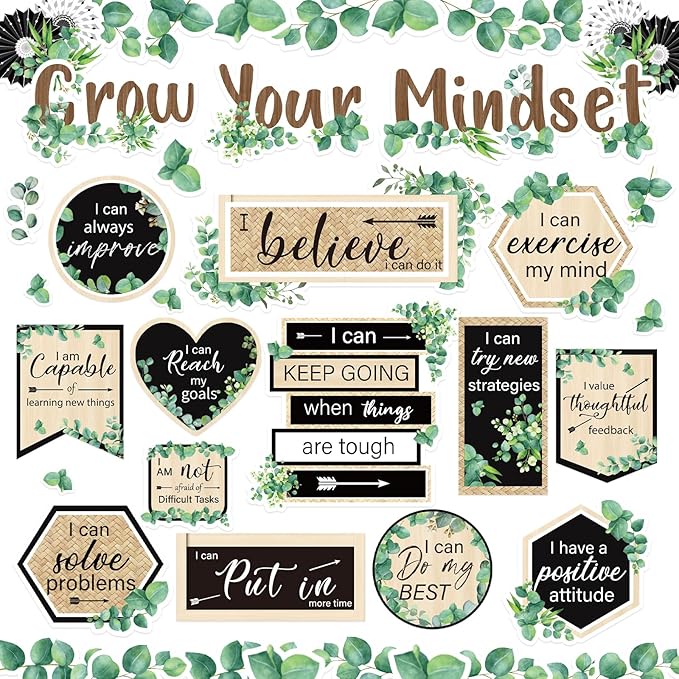 FYSUIMU 42Pcs Grow Your Mindset Bulletin Board Set Eucalyptus Leaves Greenery Paper Cutouts with 100Pcs Glue Points for Back to School Party Classroom Craft Wall Decor