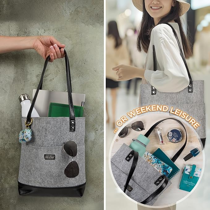 Christian Art Gifts Felt and Faux Leather Bible Tote for Women: Metal Jeremiah 29:11 Badge, Pockets and Magnetic Button Closure, Black and Gray, One Size Carry Bag for Books, Supplies and Shopping
