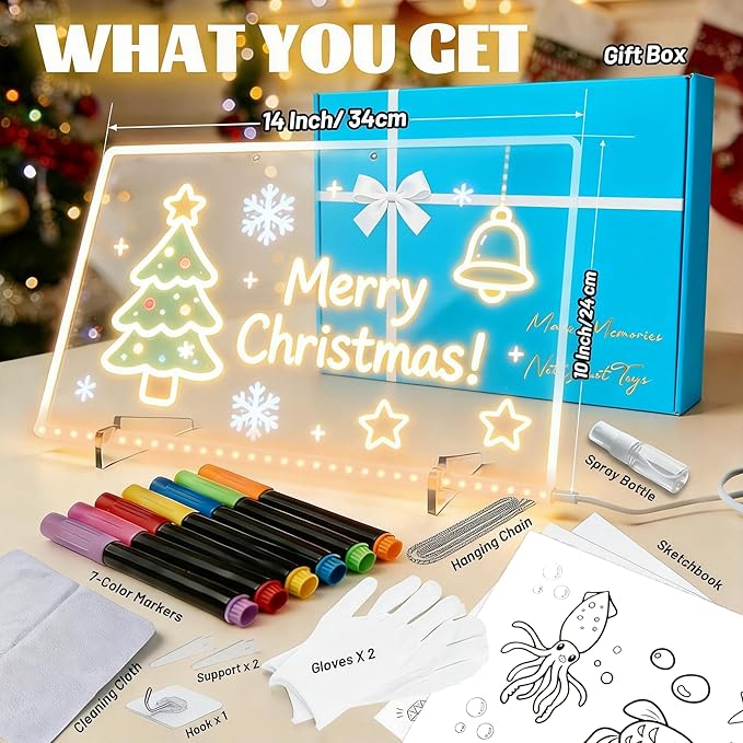 LED Drawing Board, 14x10 Inch Acrylic LED Note Board, Light Up Glow Memo Message Lumiboards, LED Neon Art Magic Pad w/ 7 Markers, Christmas Birthday Gift for Kids Girls Teens