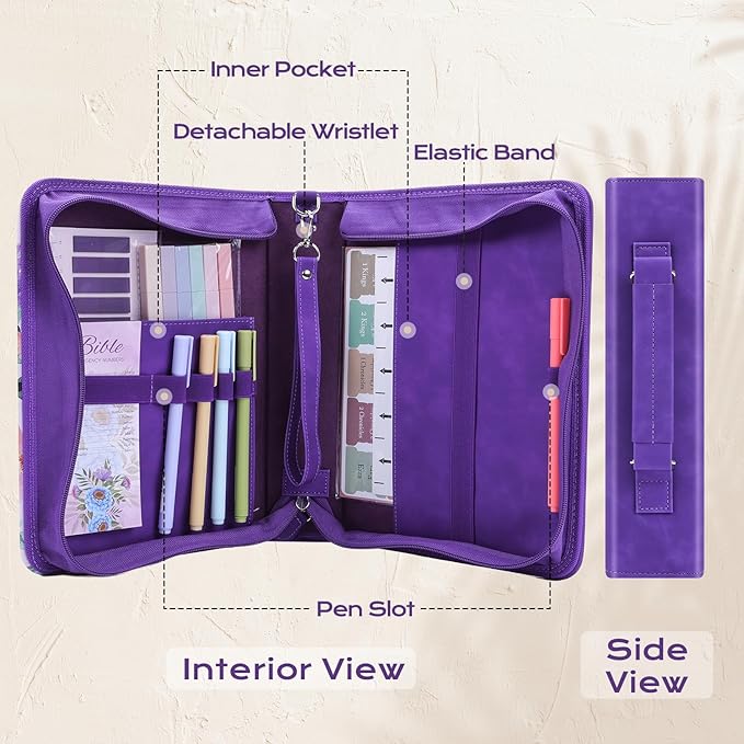 XKDOUS Purple Bible Cover for Women, Leather Bible Bags Set with Study Supplies, Tabs, Pens, Bookmarks, Large Book Carrying Case Carrier Tote Bag Christmas Gifts for Lady