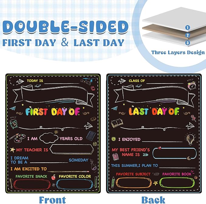 First Day of School Board, Back to School Sign, Reusable Color Painting Last Day Board, Washable Chalkboard Signs for Kindergarten Pre-K Gift 13" X 10.5"