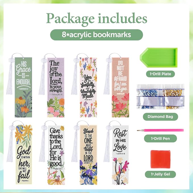 8 Pieces Christian Bible Verse Diamond Art Bookmarks 5d Christian Beaded Bookmark Acrylic Tassel Bookmark for DIY Making Beginners Adults Arts Craft Supplies (Floral Christian-1)