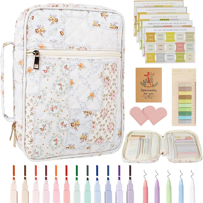 Allinside Bible Cover Case for Women - All-in-One Bible Study Kit with Accessory Pouch, 2 PU Heart Bookmarks, Waist Strap & Greeting Card | Bible Carrying Bag for Church, Prayer & Daily Devotion - Perfect Christian Gift