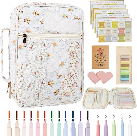 Allinside Bible Cover Case for Women - All-in-One Bible Study Kit with Accessory Pouch, 2 PU Heart Bookmarks, Waist Strap & Greeting Card | Bible Carrying Bag for Church, Prayer & Daily Devotion - Perfect Christian Gift