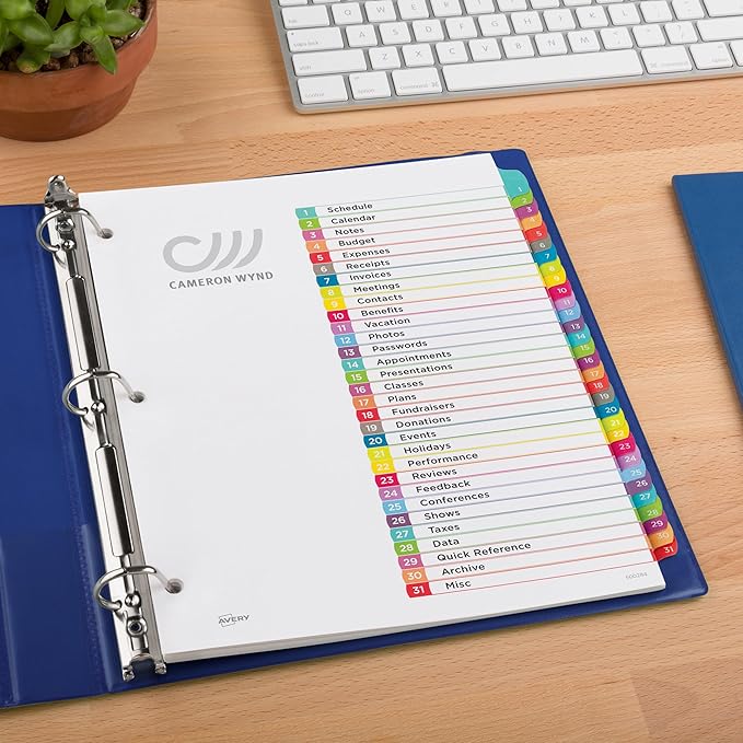 Avery 1-31 Dividers for 3 Ring Binders, 31 Tabs per Set, Customizable Table of Contents, Multicolor Arched Tabs, Great for Organizing Reports, Projects, and More (11846)