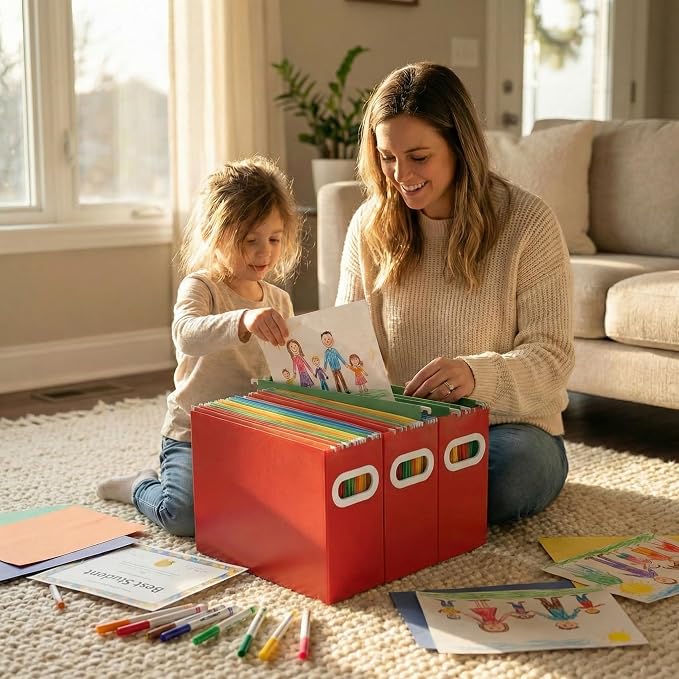 Hanging File Organizer Box, 3 Pack Red Cardboard File Folder Holder for Letter Size, Portable Desk Document Storage with Handles, for Office,Home,School