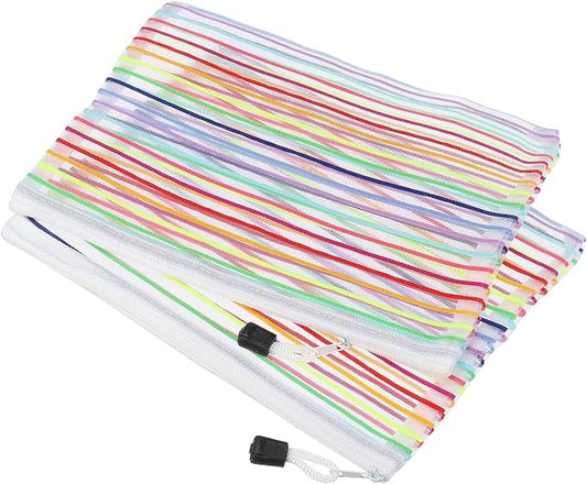 MECCANIXITY Mesh Zipper Pouches, A5 Colorful Pencil Case Document File Bags Storage Organizer for Office Supply Travel Accessory, White Pack of 6