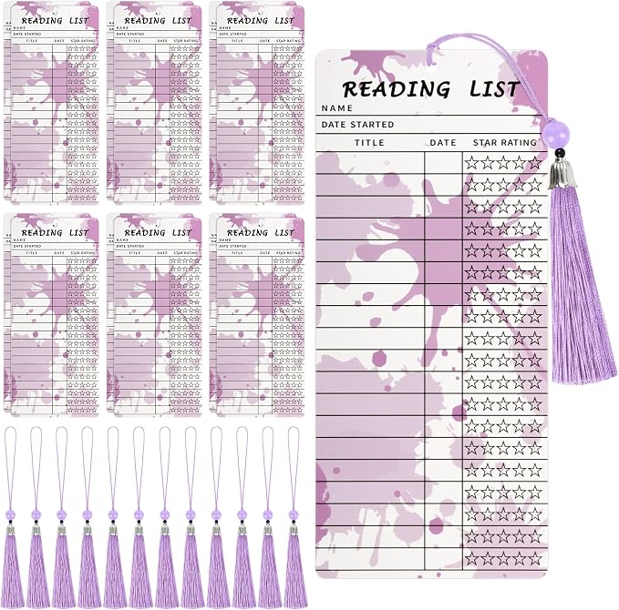 Book Club Ideas Hosting, Book Themed Party Favor Decor, 12 PCS Reading List Bookmarks with 12 PCS Purple Tassels, Bookish Item Gifts, Library Card Book Mark, Book Club Gifts