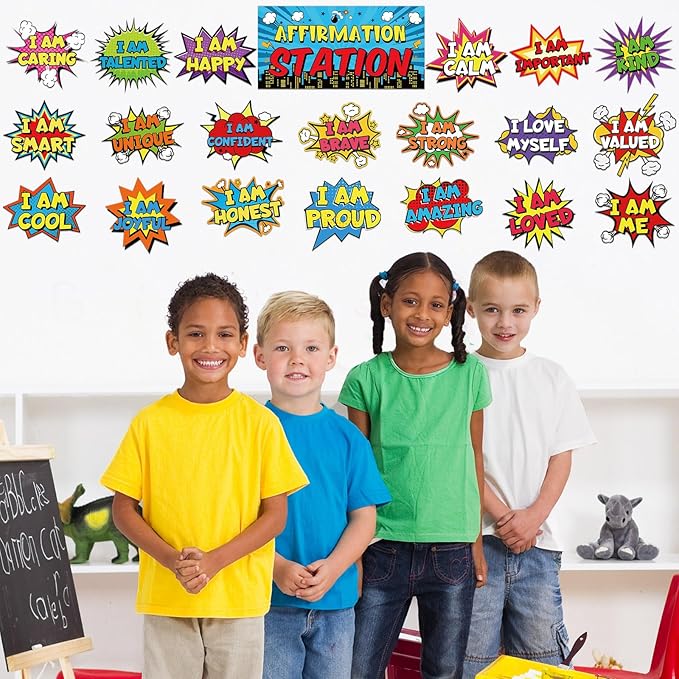 Hero Affirmation Station Bulletin Board Set Hero Positive Bulletin Board for Classroom Growth Mindset Decoration Inspirational Motivational Accent Cutouts for Home School Teacher Wall Mirror Supply