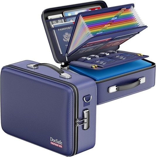 DocSafe Fireproof Document Box with Lock, Hard Case File Organizer with Accordion File Folder, Fireproof Water Resistant Safe Box Home Office Travel Storage for Important Documents Laptop Blue