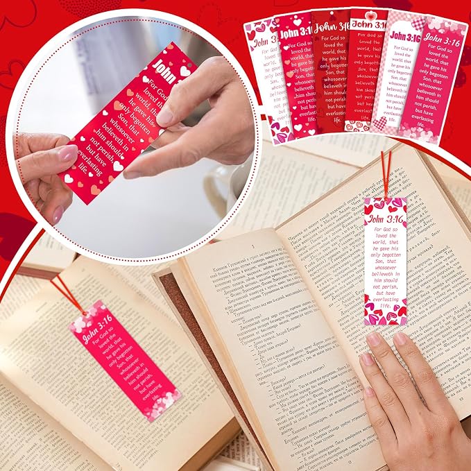 Skyygemm 60 Pcs Valentine's Day John 3: 16 Bookmarks Religious Bible Verse Bookmark Red Heart Valentines Day Exchange Gifts for Valentine's Party