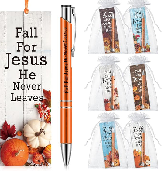Dispowreath 24 Pcs/ 12 Sets Christian Church Gifts Bulk, Include 12 Fall for Jesus He Never Leaves Pen 12 Religious Bible Verse Bookmarks Church Exchange Gifts for Party Favors