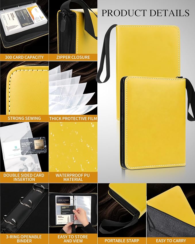 Leather Business Card Book Holder Organizer, Professional Name Card Book Holder with 300 Card Capacity, Portable PU Credit Card Binder File Sleeve Storage for Men Women,50 Pack Sleeves Zipper Closure