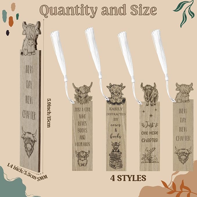 TICIAGA Wooden Highland Cow Bookmarks - 4PCS Walnut Brown Cow Bookmarks Bulk with Tassel for Book Lovers, Farm Animal Wooden Carving Book Mark Xmas Gift for Reading Girls, Teacher Appreciation Gifts
