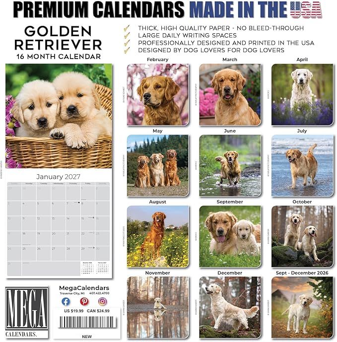 Golden Retriever Calendar 2026 – 16-Month Dog Breed Wall Calendar by MegaCalendars – Large Daily Blocks, Thick No-Bleed Paper, Made in USA