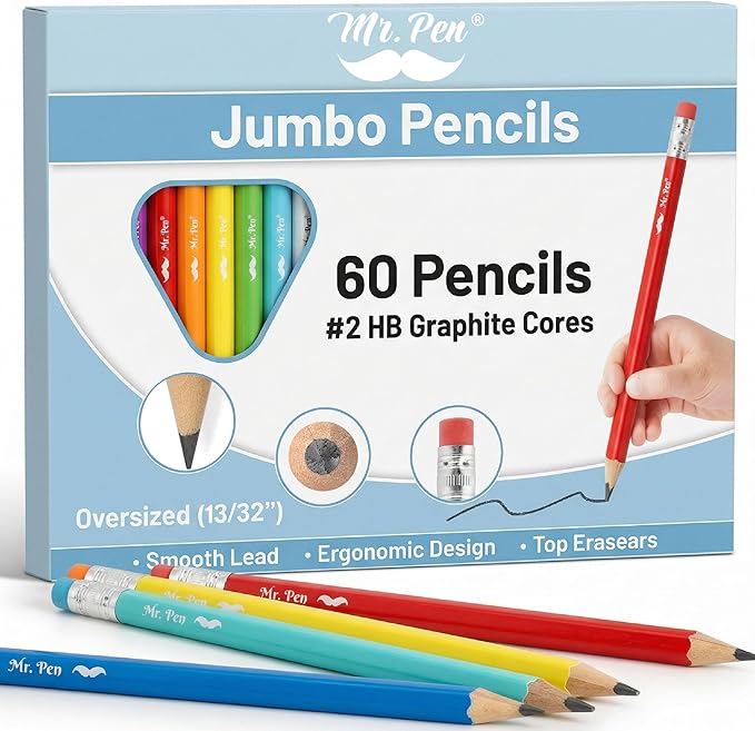 Mr. Pen- Jumbo Pencils, 60 pcs, Preschool Pencils, Large Pencil, Bright Barrels and Black 2 HB Graphite Cores, Smooth Lead, Latex-Free Eraser Top with Metal Ferrule
