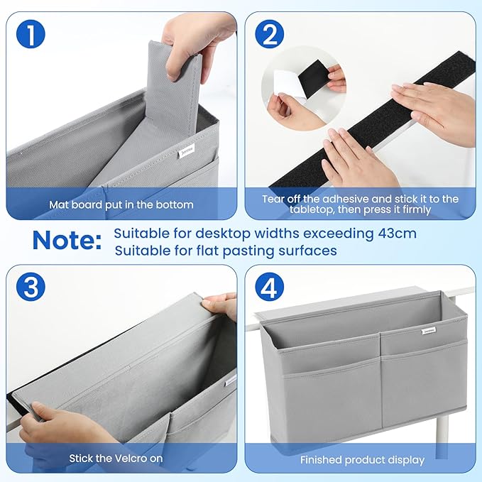 4 Pack Desk Side Hanging Organizer, Adhesive Storage Bag with Pockets for Magazine Ipad Notebook, for End Tables Home Office Desks Computer Workstations Dressing Table, Grey