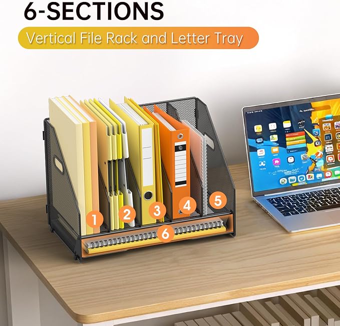 Docnest Desk File Holder Sorter, 5 Vertical Compartments Rack with Letter Tray, Mesh Magazine File Holder with Handle,Workspace Organizers,Desk Organizers for Paper, Mail, Documents-Black
