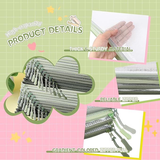 AmazingSpark 36 Pack Sage Green Mesh Zipper Pouch Bags, Green Office Supplies A4 Size Waterproof Zipper Bags with Gradient for Classroom Organization, Board Game Storage, Document Bag School