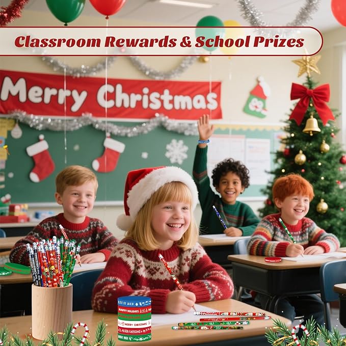 48 Pcs Christmas Pencils Set 24 Pcs Christmas Pencil Xmas Pencil 24 Pc Christmas Silicone Bracelets Silicon Wristbands Christmas Stocking Stuffers (Classic)