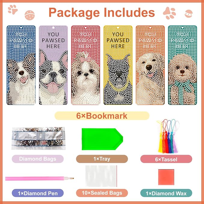6 Pack Diamond Art Bookmark Kit, Dog Theme with Tassels - Great Gift for Book Lovers and Readers