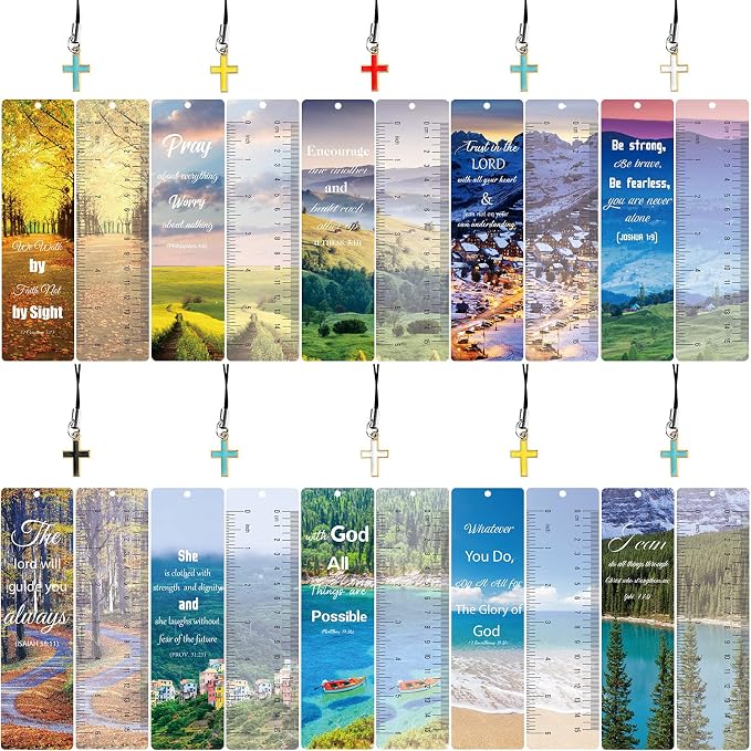 Tenare 20 Pcs Christian Bible Bookmarks for Women, Inspirational Verses Bookmarks with Cross Pendants, Religious Gifts for Women Men Reading Lovers(Scenery Style)