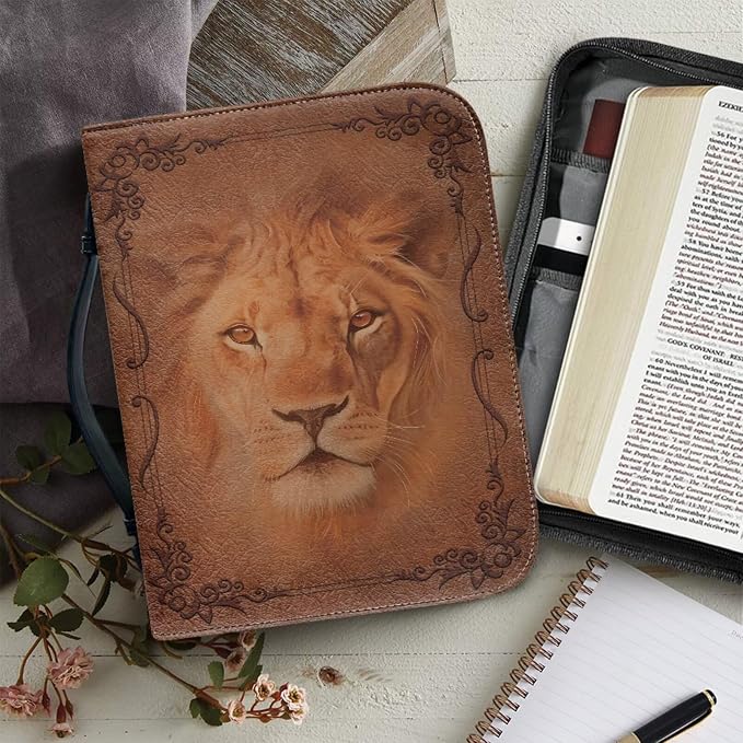 Retro Religious Style Lion Bible Case with Bookmark Waterproof Bible Cover Case for Women Lightweight Bible Bag with Handle Pockets Church Book Bag Brown