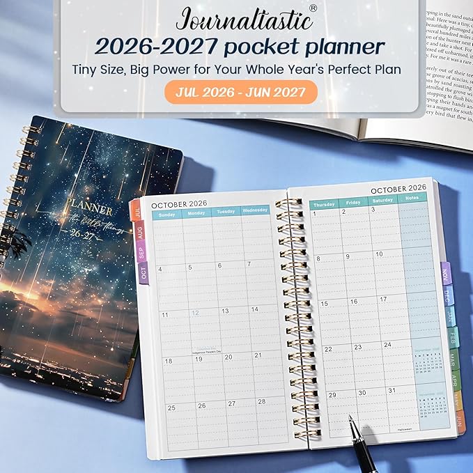 Pocket Calendar 2026-2027 - Pocket Planner 2026-2027, Jul. 2026 - Jun. 2027, 4.1'' × 6.8'', Weekly & Monthly Pocket Planner for Purse, Pocket Planner with 12 Colourful Monthly Tabs, Strong Twin-wire Binding, Galaxy Cover