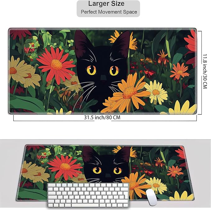 Mouse Pad Gaming Mousepad 31.5x11.8 Inch XXL Large + Coasters,Desk Mat with Stitched Edges, Non-Slip Rubber Base, Thick Mouse Pad for Computer, Laptop, Office & Home - Flowers Black Cat